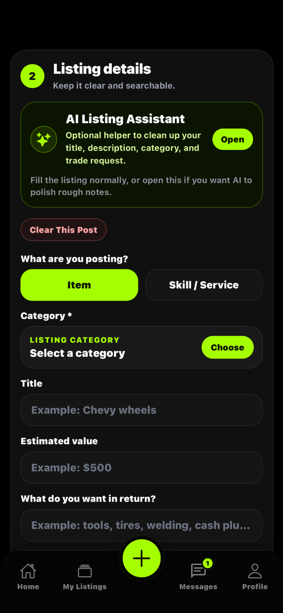 Trade4 create listing details screen