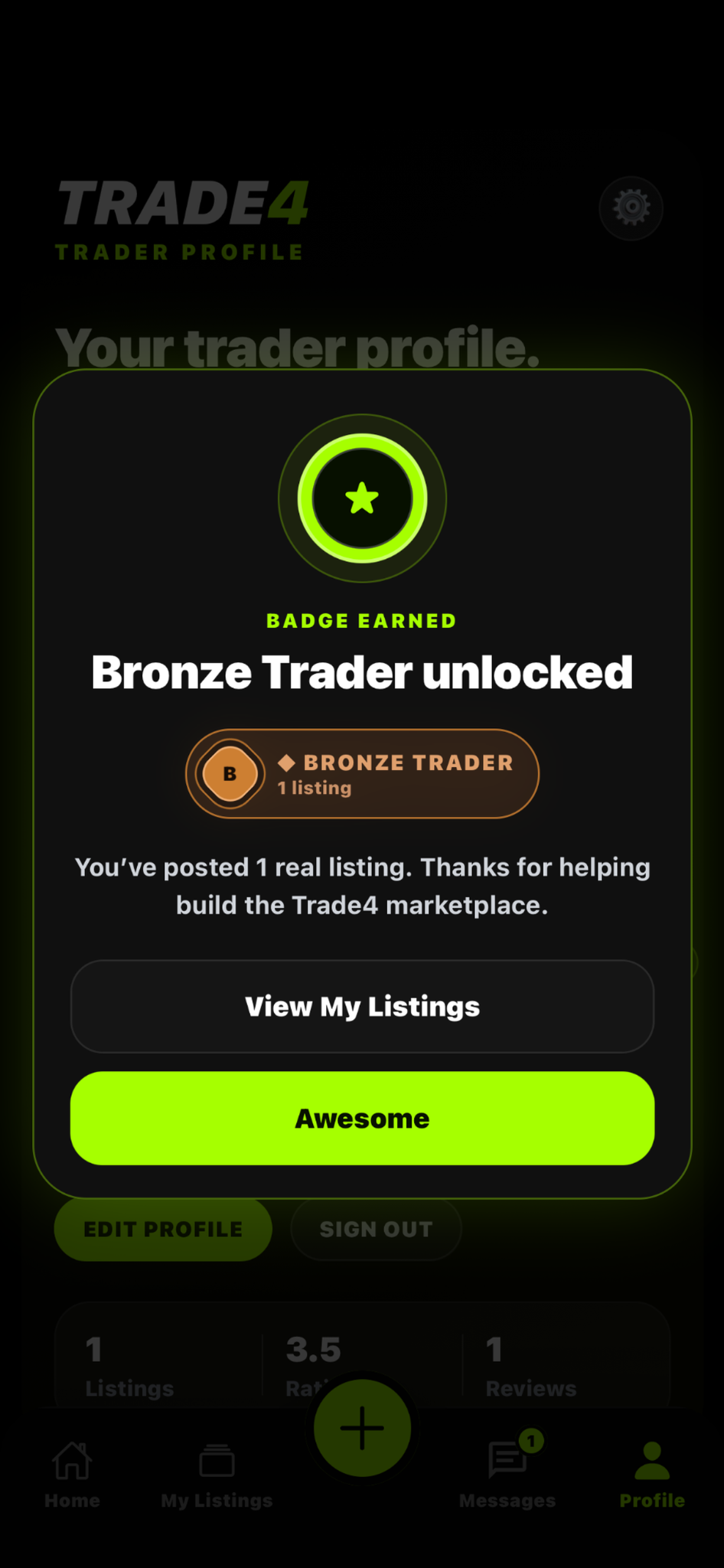 Trade4 badge earned popup