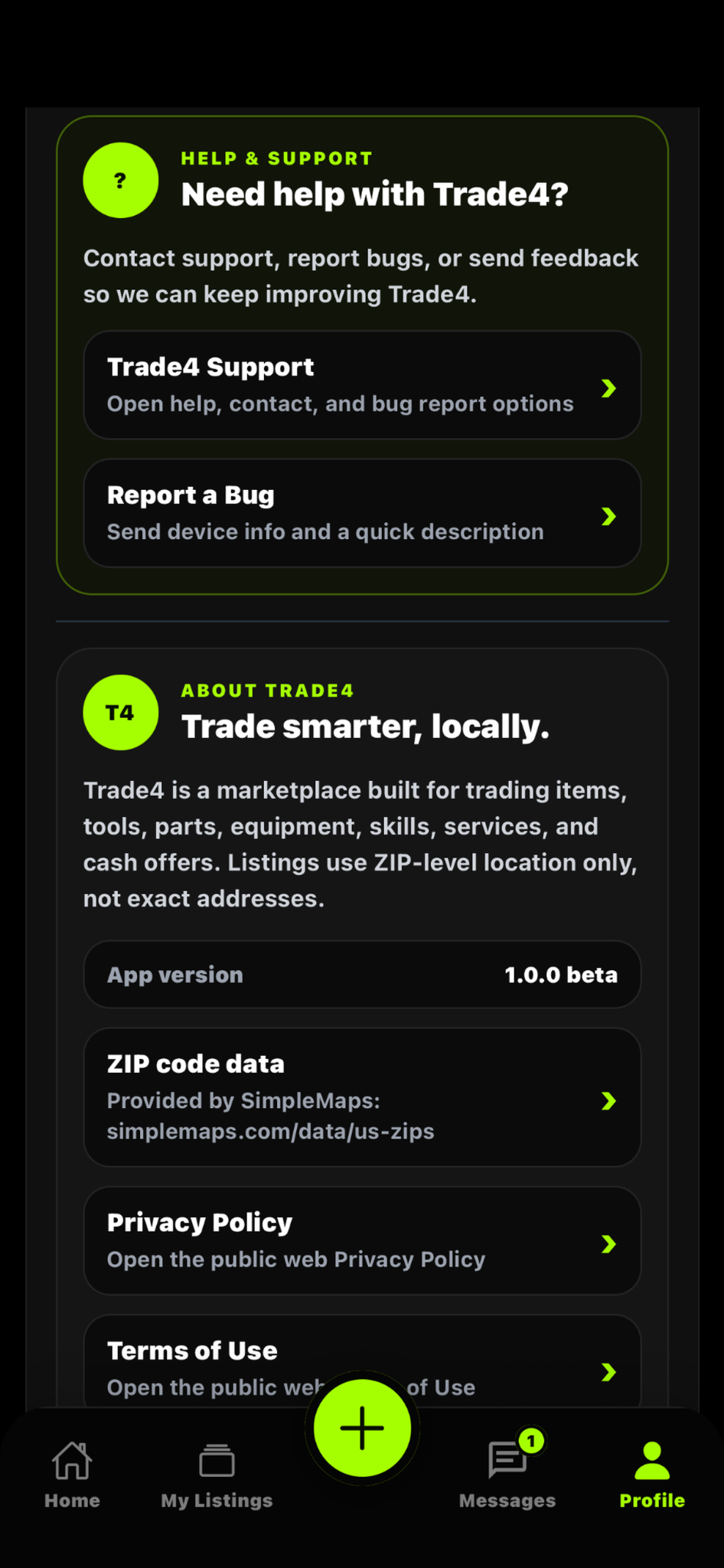Trade4 support and about screen