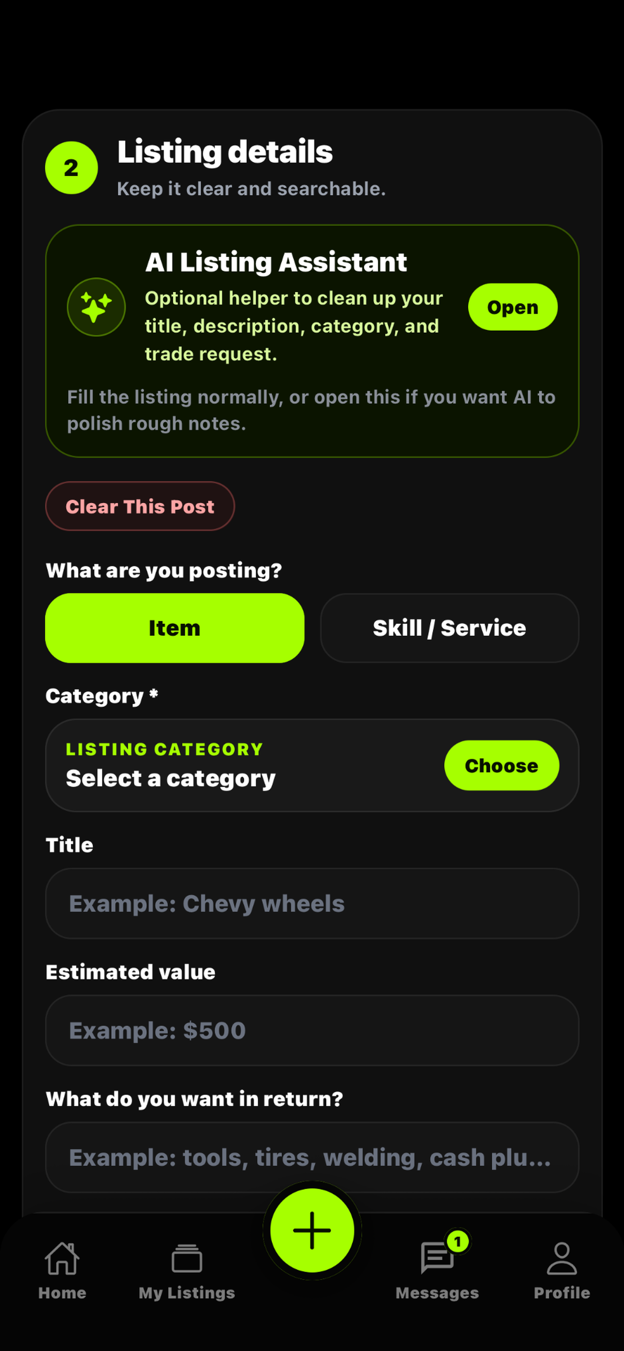 Trade4 create listing details screen
