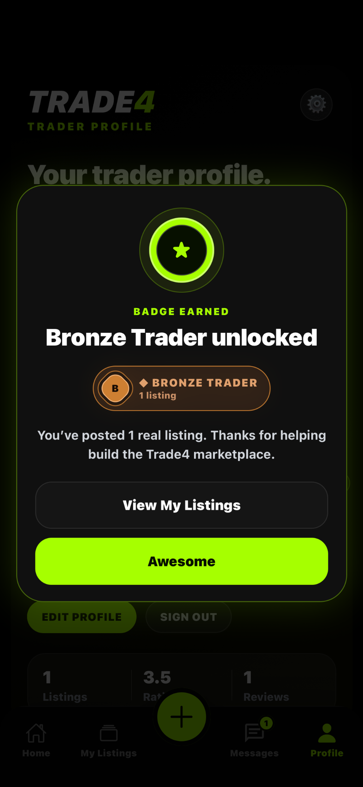 Trade4 badge earned screen